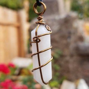 White Agate Vintage Bronze hand wrapped Necklace